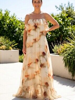 MisGuided NWT Floral Ruffle Maxi Dress in Cream and Brown Sz L